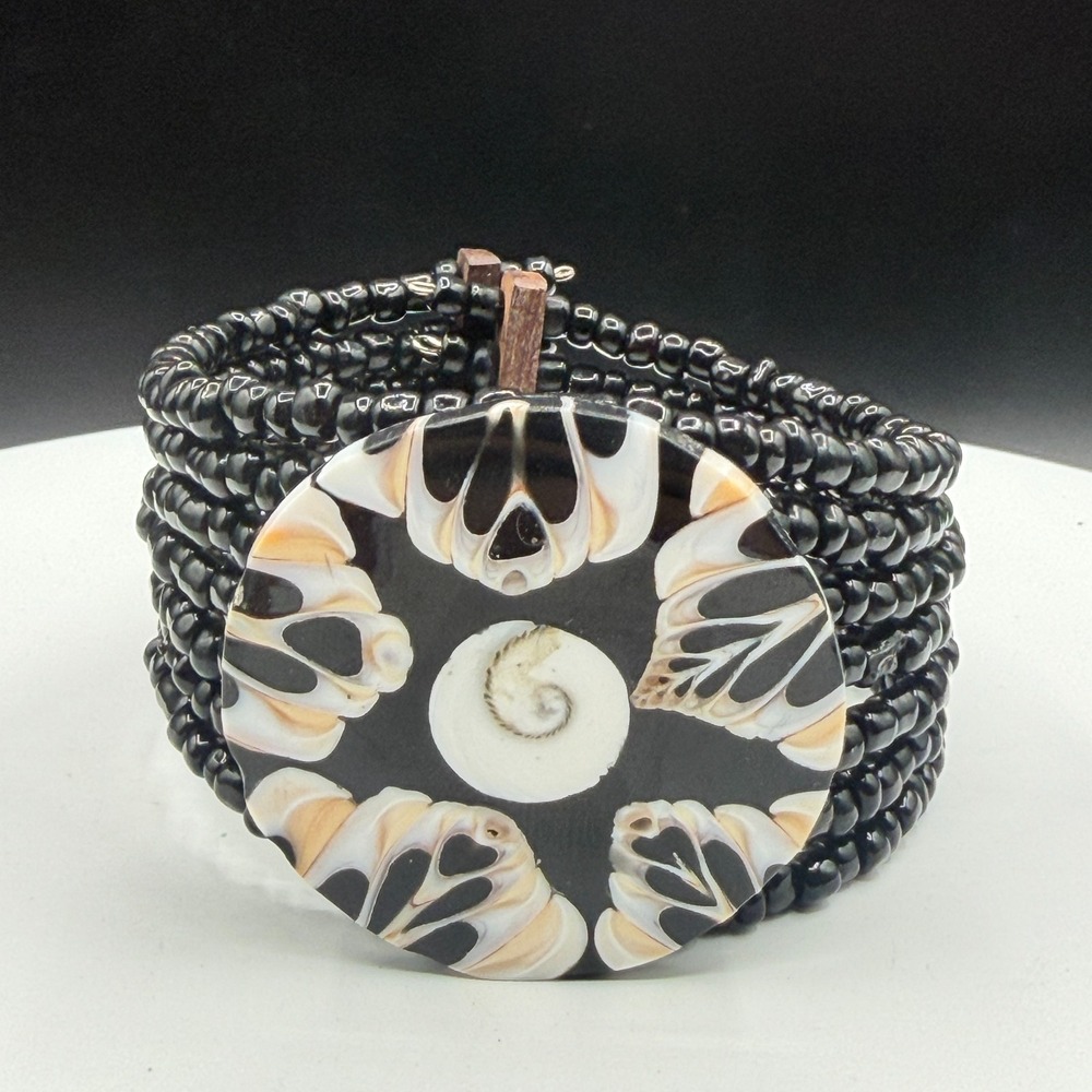 Black Seed Bead Cuff Bracelet Shell Mosaic Medallion Boho Statement Beach Gift